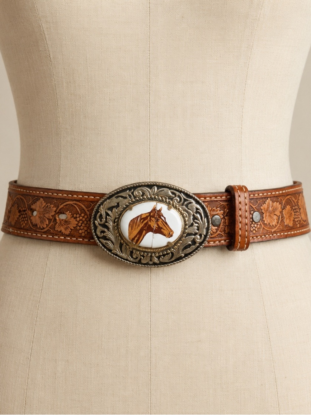 Vintage Loretta Lynn Tooled Belt with Horse Oval Buckle